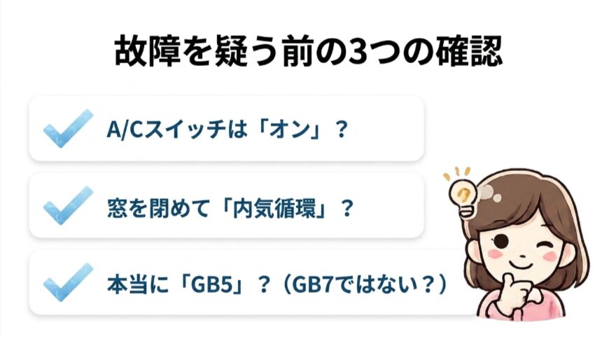 フリードGB5のエアコン故障を疑う前にA/Cスイッチ、内気循環、車両型式を確認する図