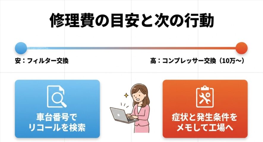 フリードGB5のエアコン修理費の目安と車台番号によるリコール確認、症状をメモして整備工場へ相談する流れ