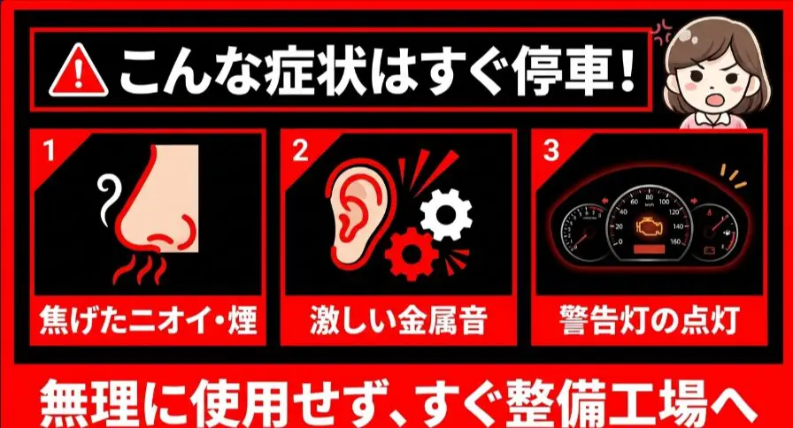 フリードGB5で焦げたニオイや煙、激しい金属音、警告灯の点灯がある場合は停車する注意喚起