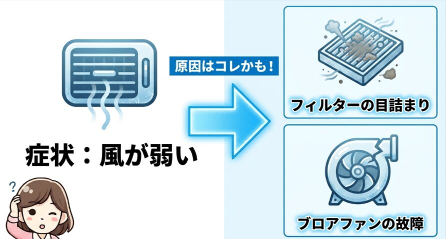 フリードGB5のエアコン風量が弱い場合にフィルターの目詰まりやブロアファン故障を確認する図