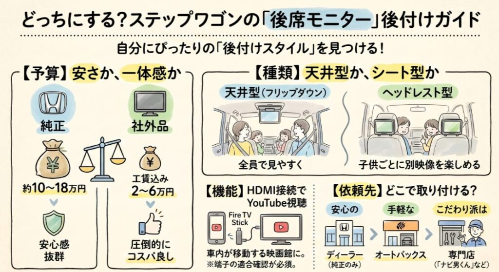 ステップワゴンのリアモニター後付けガイド【RP系】選び方と注意点２
