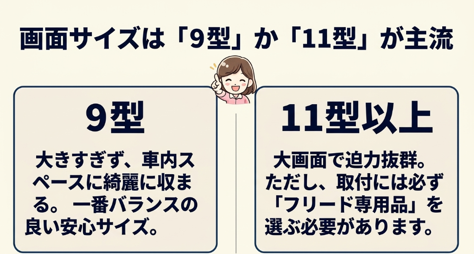 新型フリードGT系の9型ナビと11型以上の大画面ナビの特徴比較