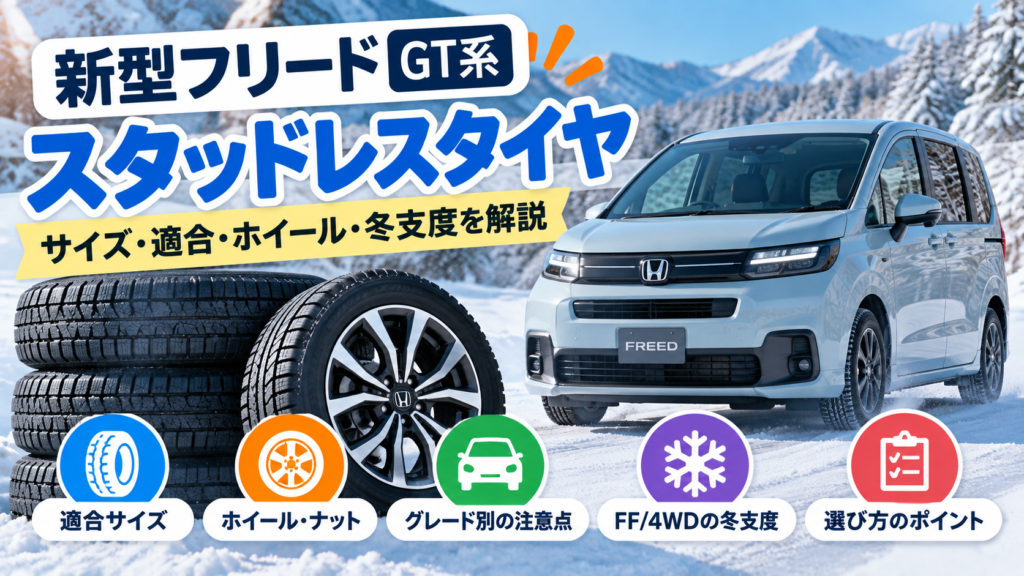 雪道を背景にした新型フリードGT系とスタッドレスタイヤを配置し、適合サイズ・ホイール・グレード・FFと4WDの冬支度を示したアイキャッチ画像