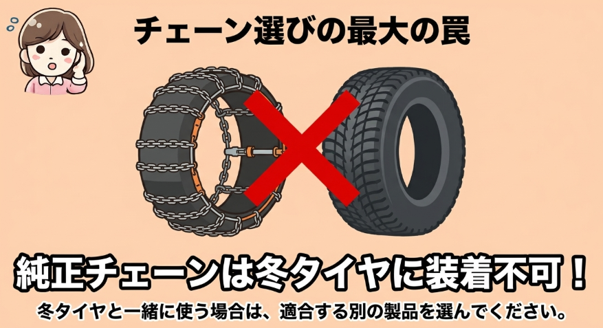 純正チェーンの一部は冬タイヤに装着できないという罠があり、冬タイヤと一緒に使う場合は適合する別の製品を選ぶ必要があることを示すスライド