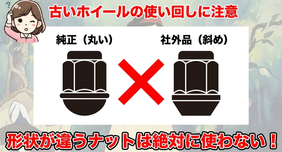 古いホイールの使い回しに注意し、純正（球面座・丸い）と社外品（テーパー座・斜め）で形状が異なるナットは絶対に流用してはいけないことを解説したスライド