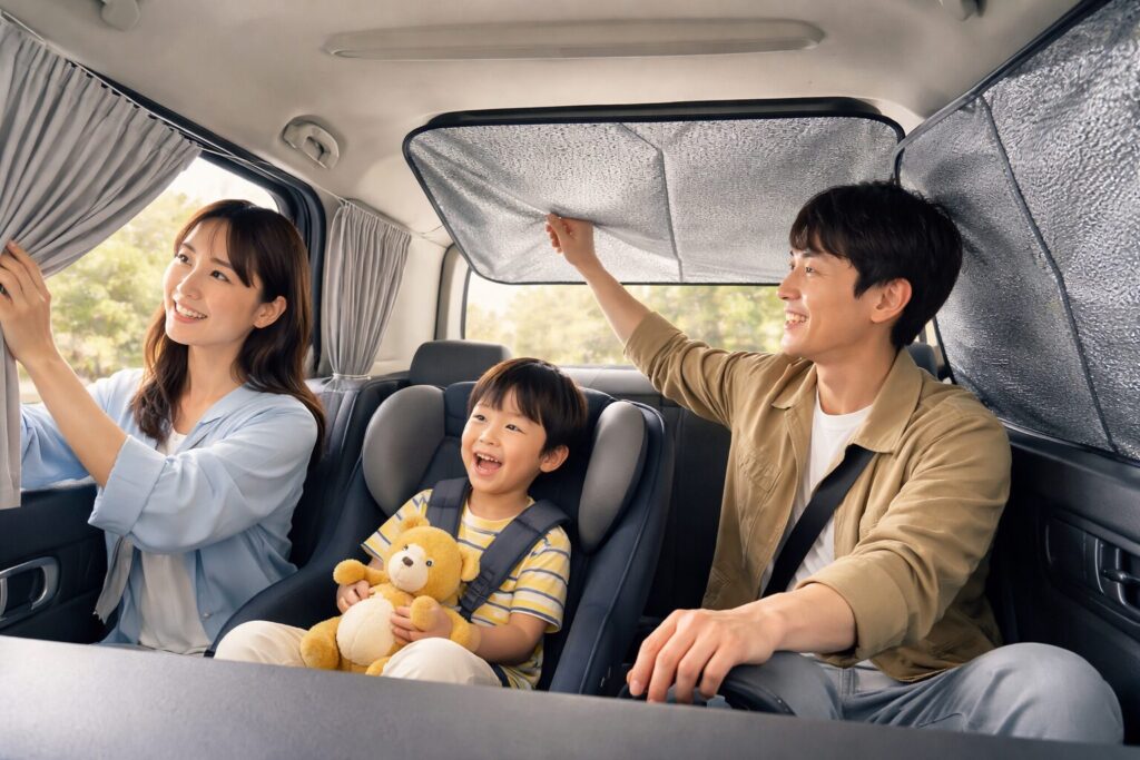 サンシェードとカーテンで遮光