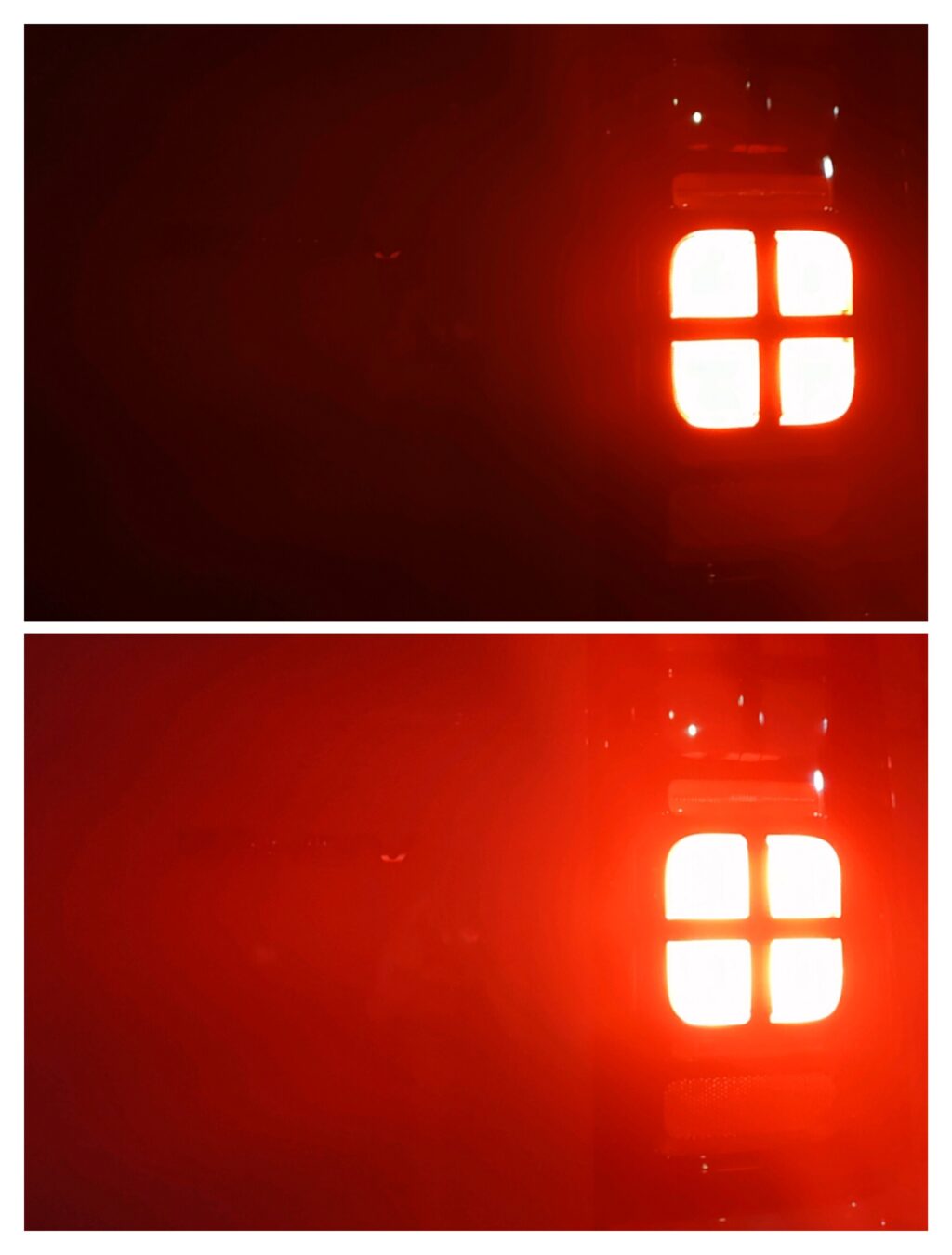 夜間に点灯した新型フリードの田の字テールランプを上下で比較した拡大画像