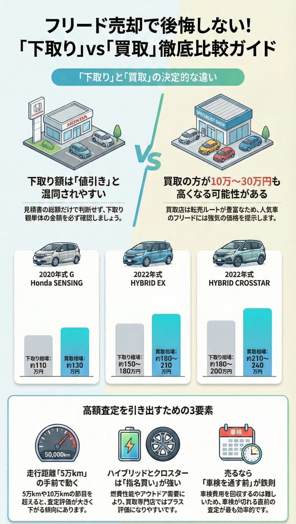 フリードの下取りと買取の差額を比較！相場と高く売るコツ【最新版】