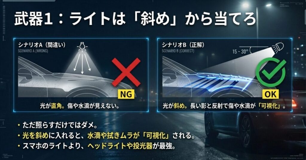 夜間洗車の注意とライト