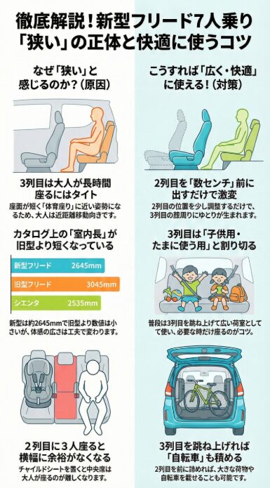 【新型】フリード7人乗りは狭い?原因と対策を実体験と比較で解説