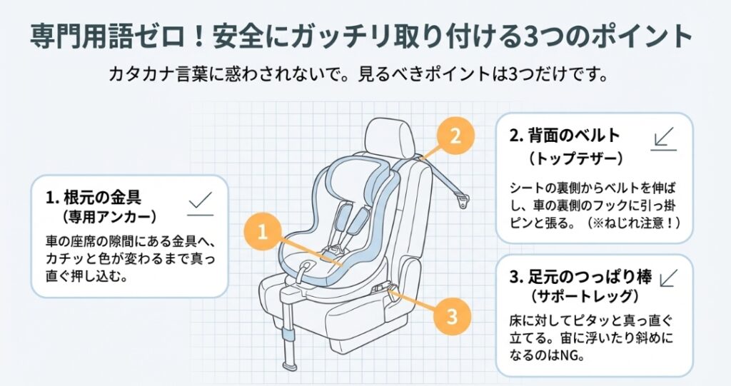 取り付け方の基本手順　チャイルドシートの取り付け方　新型フリード　GT系