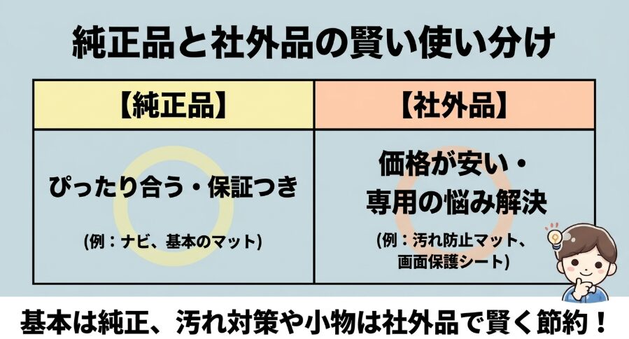 新型フリードの純正品と社外品のメリットを比較し賢い使い分けを説明するスライド