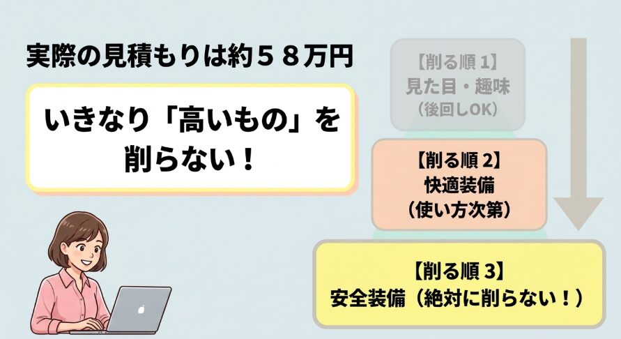 新型フリードのオプション見積もり約58万円から削る順番を説明するスライド
