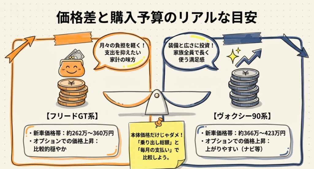 価格差と購入予算の目安　新型フリードGT系とヴォクシー90系