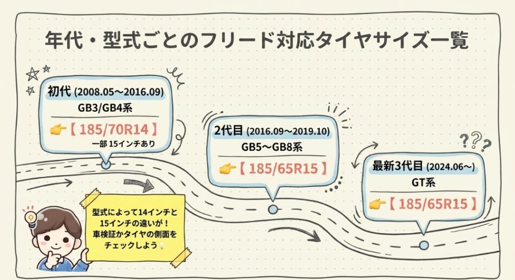 年代・型式ごとのフリード対応タイヤサイズ一覧