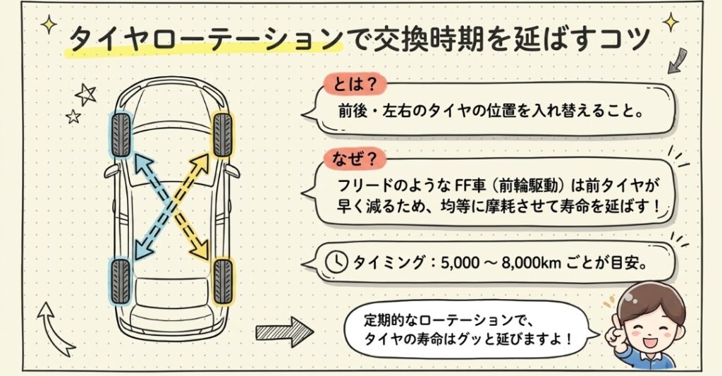 タイヤローテーションで交換時期を延ばすコツ　フリードGT系