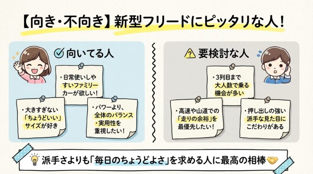 タイプ別｜新型フリードの評判の向き・不向き