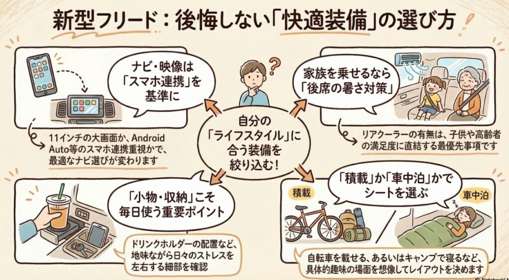 新型フリードの快適装備・車内環境完全ガイド｜ナビ・後席快適性・車中泊・使い勝手まで解説