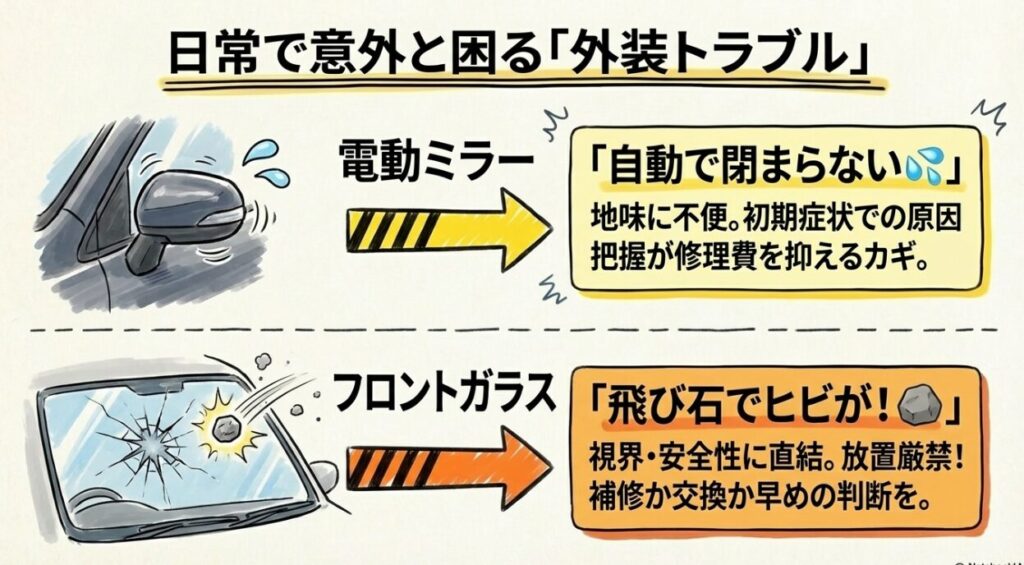 ミラー・フロントガラスなど外装まわりのトラブル　新型フリード　GT系
