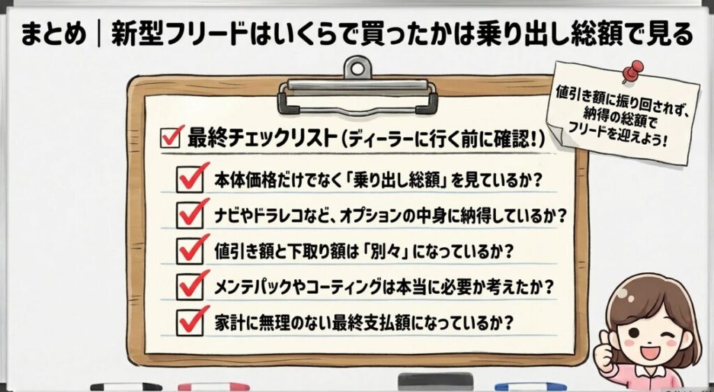 まとめ｜新型フリードはいくらで買ったかは乗り出し総額で見る　フリードGT系