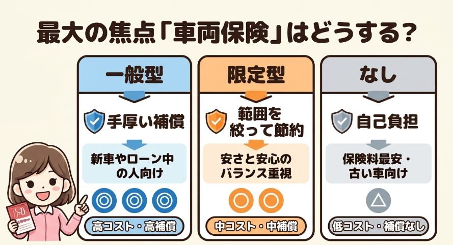 車両保険の「一般型(新車やローン中の人向け・高コスト)」「限定型(安さと安心のバランス重視・中コスト)」「なし(古い車向け・低コスト)」の違いと特徴をまとめた比較スライド。