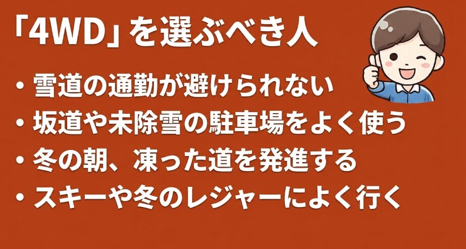 フリードクロスター4WDが向いている雪道通勤や坂道、未除雪駐車場、冬レジャー利用をまとめた図