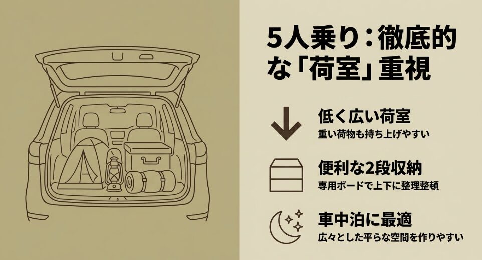 5人乗り：徹底的な「荷室」重視。低く広い荷室で重い荷物も持ち上げやすい、便利な2段収納、車中泊に最適、と書かれた荷室イラスト付きスライド