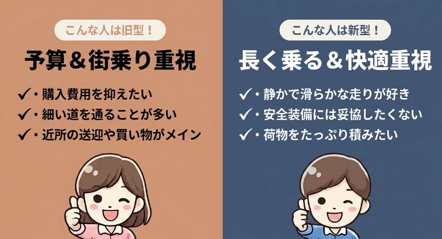 旧型は予算と街乗り重視、新型は長く乗る快適性と安全装備重視の人に向くことを示す画像