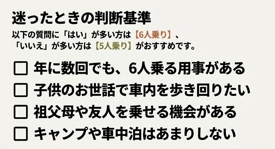 迷ったときの判断基準。年に数回でも6人乗る、子供のお世話で車内を歩きたい、祖父母や友人を乗せる機会がある、キャンプや車中泊はあまりしない、の問いに、はいが多い方は6人乗り、いいえが多い方は5人乗りがおすすめと書かれたスライド