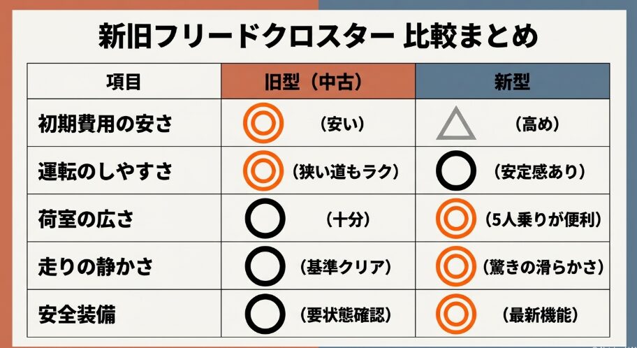旧型フリードクロスターと新型フリードクロスターの費用・運転・荷室・走り・安全装備を比較した表