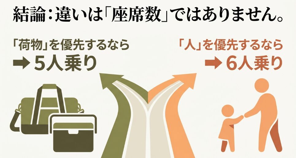 結論：違いは「座席数」ではありません。「荷物」を優先するなら5人乗り、「人」を優先するなら6人乗り、と書かれたイラスト付きスライド