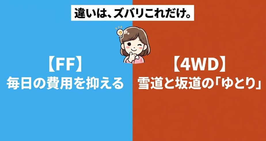 フリードクロスターのFFは費用を抑えやすく4WDは雪道や坂道に余裕があることを比較した図