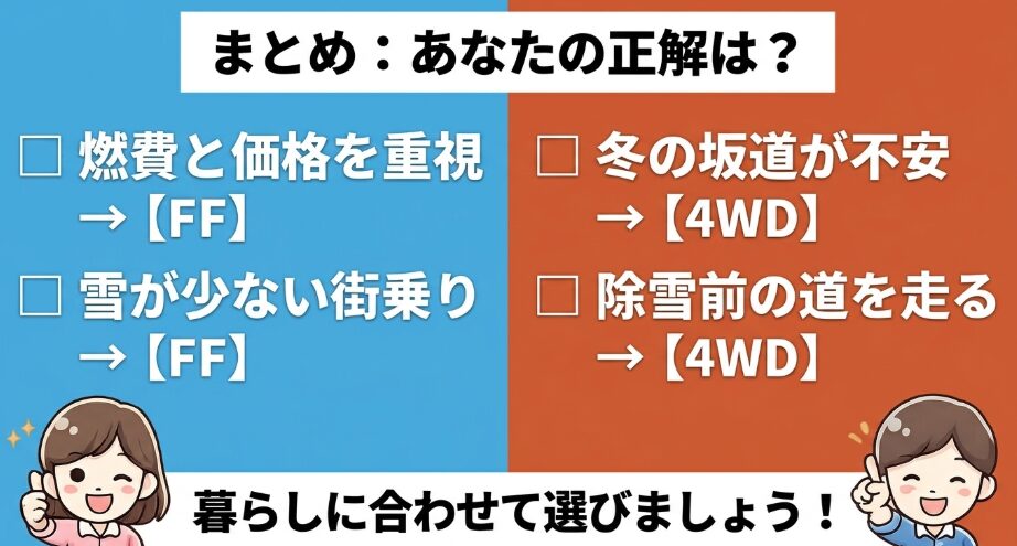 フリードクロスターは燃費や価格を重視するならFF、冬の坂道や除雪前の道が不安なら4WDが向くことをまとめた図