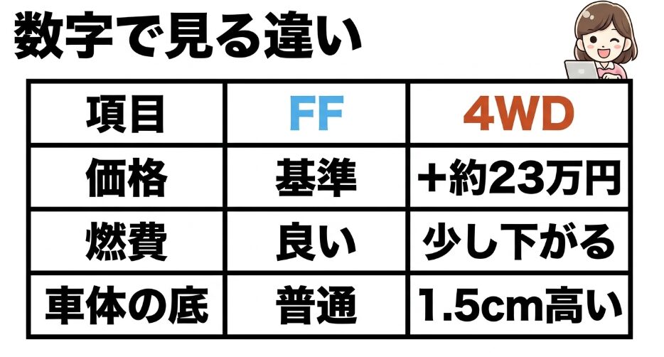フリードクロスターFFと4WDの価格差・燃費・車体の底の高さを数字で比較した表