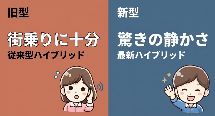 旧型フリードクロスターの従来型ハイブリッドと新型e:HEVの静粛性を比較する画像