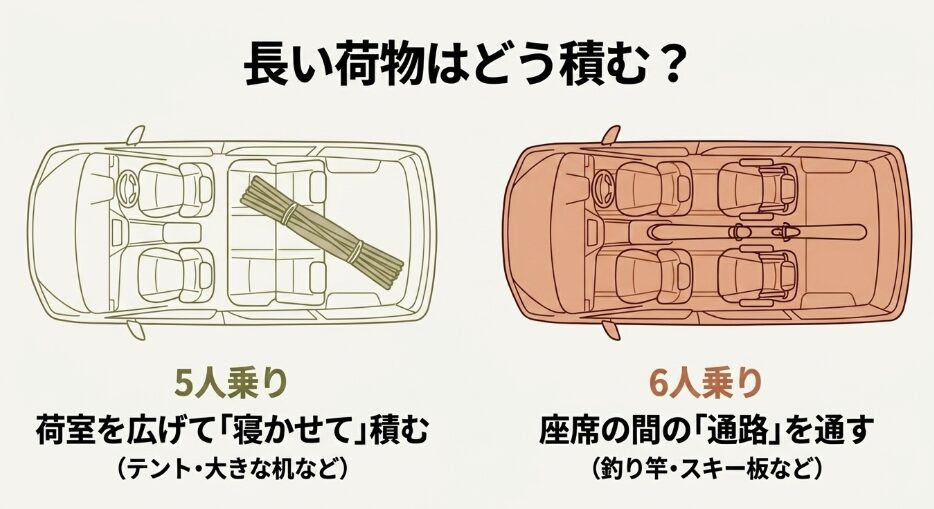 長い荷物はどう積む？5人乗りは荷室を広げて寝かせて積む（テント・大きな机など）、6人乗りは座席の間の通路を通す（釣り竿・スキー板など）と解説された車内俯瞰イラスト付きスライド