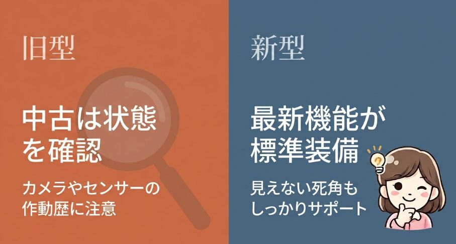 旧型中古では安全装備の状態確認が必要で、新型は最新機能が標準装備されることを示す画像
