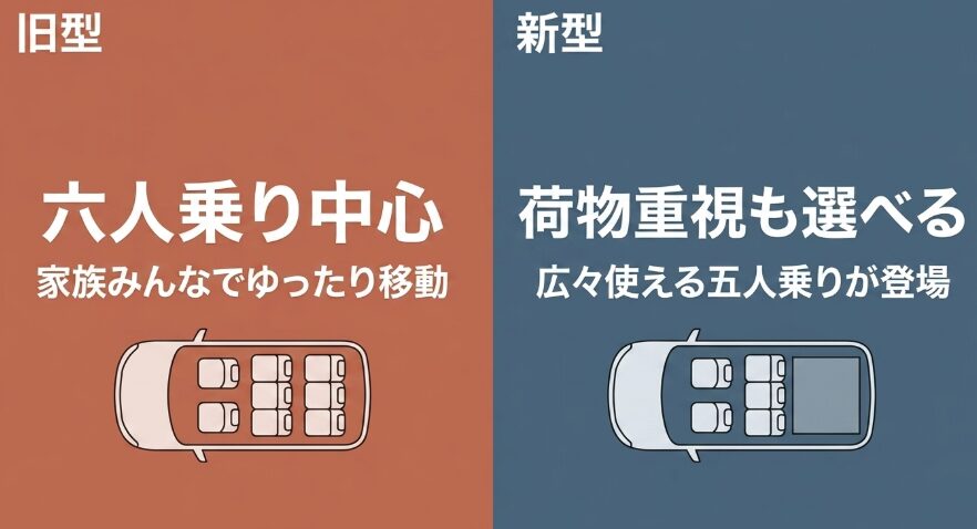 旧型は6人乗り中心、新型は荷物重視の5人乗りも選べることを示す比較画像