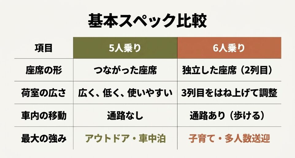 5人乗りと6人乗りの基本スペック比較表スライド。座席の形、荷室の広さ、車内の移動、最大の強みの違いをまとめた表