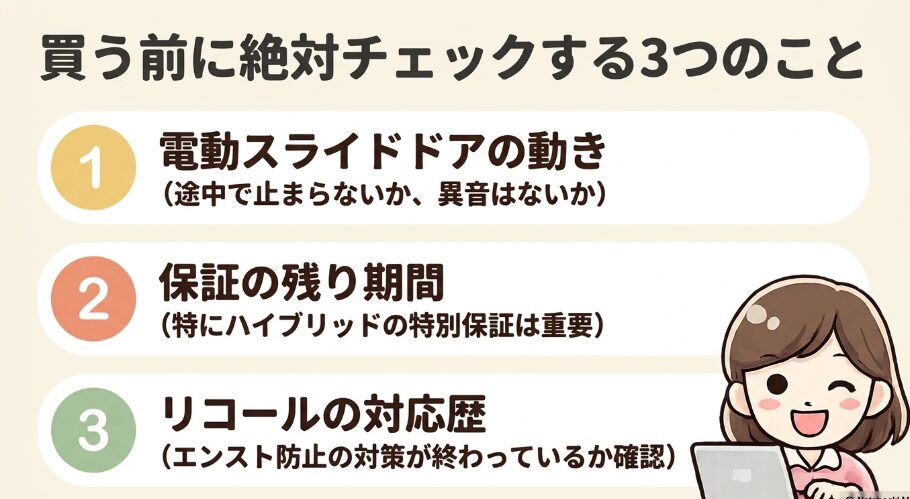 フリードクロスター中古購入前にスライドドア保証リコール対応歴を確認するポイントを示す画像