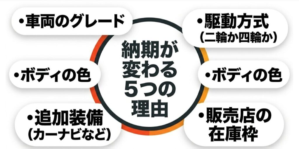 フリードの納期が車両グレード、駆動方式、ボディカラー、追加装備、販売店在庫枠で変わることを示すスライド