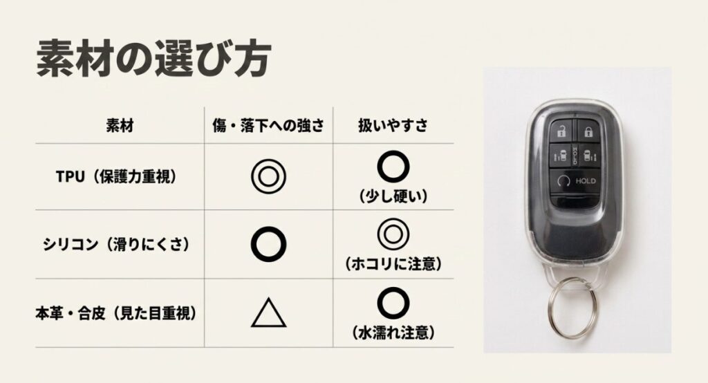 新型フリードのキーケース素材をTPU・シリコン・本革合皮で比較するスライド