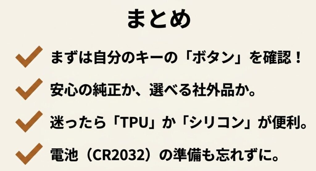 新型フリードのキーケース選びで確認すべきボタン数・素材・電池交換をまとめたスライド