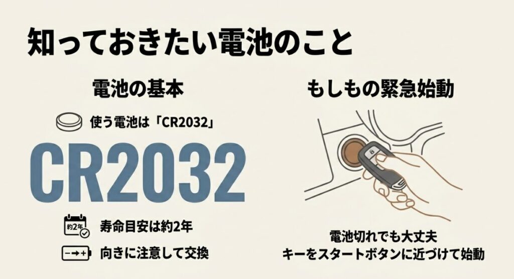新型フリードのスマートキー電池CR2032と電池切れ時の緊急始動方法を説明するスライド