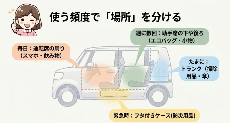 N-BOXの運転席周辺、助手席下、トランクを使用頻度ごとに分ける収納例