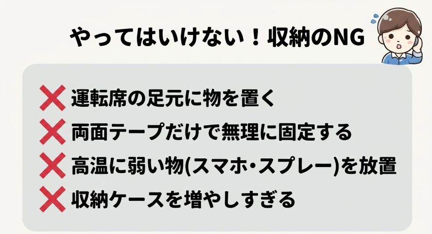 N-BOX収納で運転席の足元や高温に弱い物の放置を避ける注意点