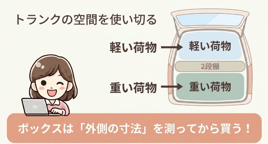 N-BOXのトランク収納で軽い荷物と重い荷物を分けて積む方法