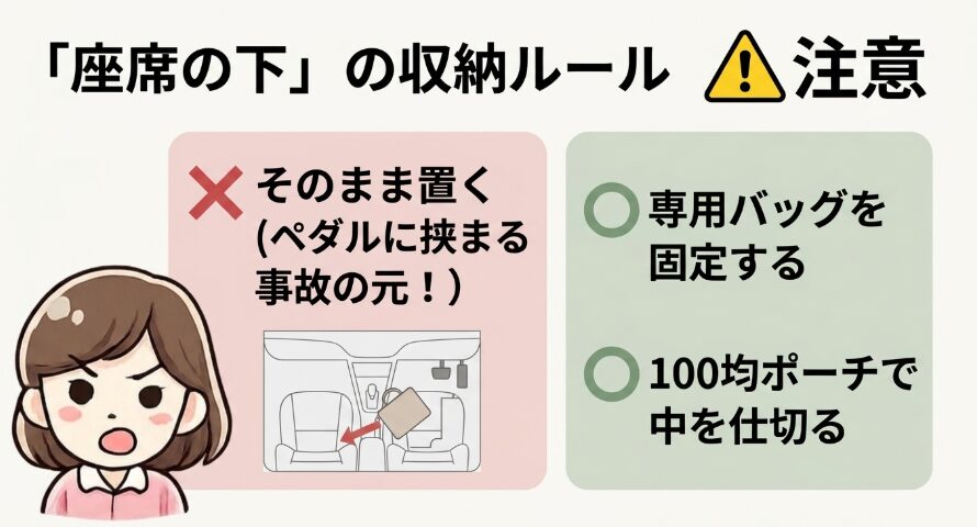N-BOXの座席下へ荷物を直接置かず専用バッグで固定する収納ルール
