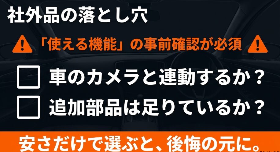 新型フリードに社外ナビを付ける前にカメラ連携や追加部品の確認が必要なことを示す図解