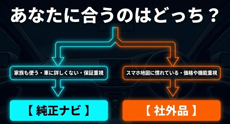 新型フリードのナビ選びで純正ナビと社外ナビのどちらが合うかを判断する分岐図